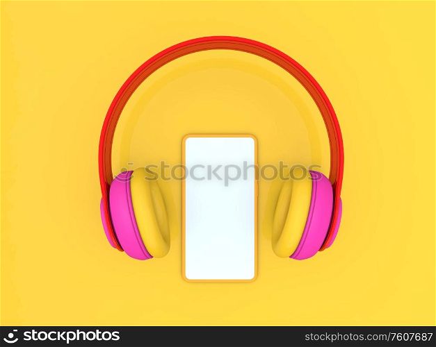 Headphones and smartphone mockup on a yellow background. 3d render illustration.. Headphones and smartphone mockup on a yellow background.