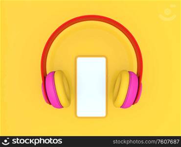 Headphones and smartphone mockup on a yellow background. 3d render illustration.. Headphones and smartphone mockup on a yellow background.