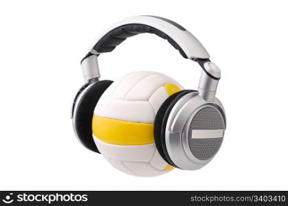 Headphones on a volleyball ball. Headphones on a volleyball ball, sport and music concept