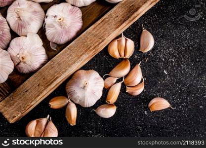 Heads and cloves of fresh garlic. On a black background. High quality photo. Heads and cloves of fresh garlic.
