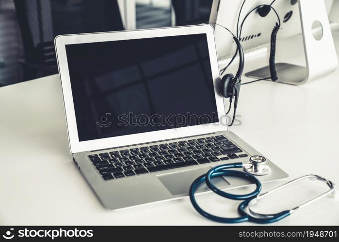 Headset and doctor equipment at clinic ready for actively support for patient by online video call . Concept of telehealth and telemedicine service .. Headset and doctor equipment at clinic ready for actively support for patient