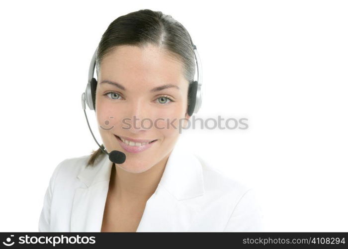 Headset phone business woman dress in white studio shot