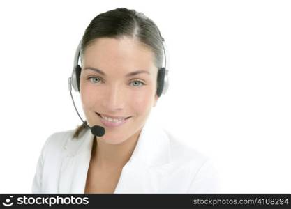 Headset phone business woman dress in white studio shot