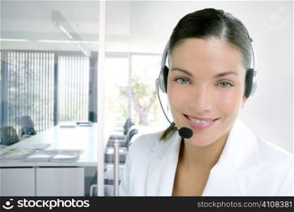 Headset phone business woman dress in white studio shot