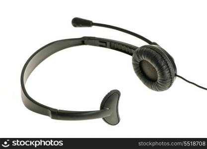 Headset with microphone. Black headset with one earpiece and microphone isolated on white background