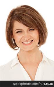 Headshot of adult woman looking at camera with toothy smile. Isolated, studio shot.