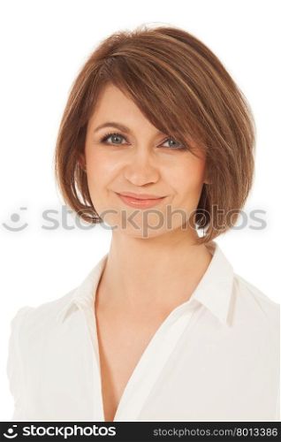 Headshot of smiling adult woman looking at camera. White background. Isolated.. Close-up of beautiful adult woman smiling at camera