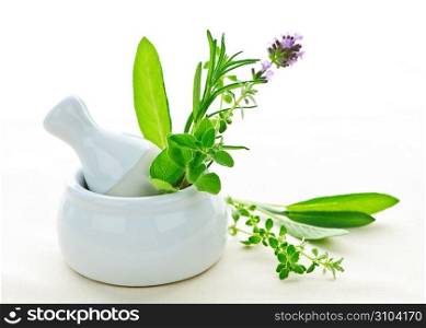 Healing herbs in mortar and pestle