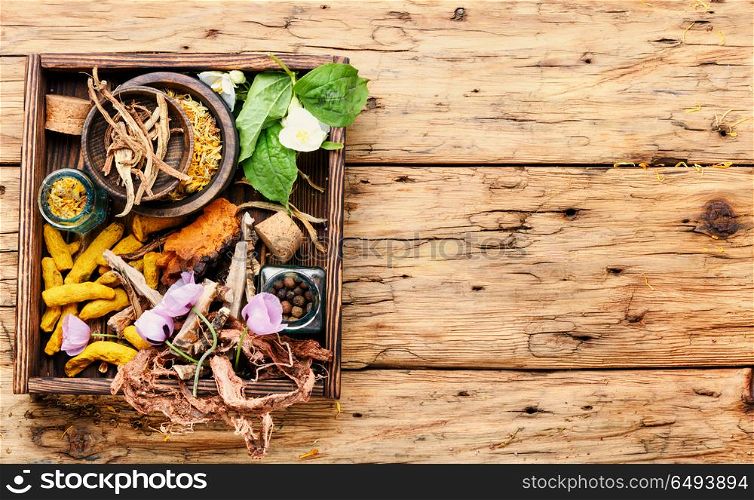 Healing herbs in wooden box. Natural herbal medicine,medicinal herbs and herbal medicinal root.Natural herbs medicine.Copy space