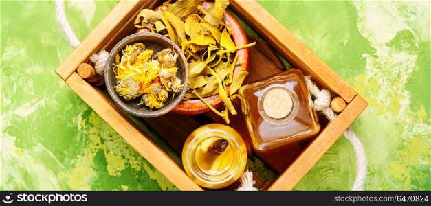 Healing herbs in wooden box. Natural herbal medicine,medicinal herbs and herbal medicinal tinctures.Natural herbs medicine