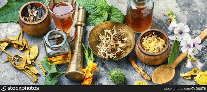 Healing herbs with mortar and bottle of elixir.Homeopathy medicine concept. Herbal naturopathic medicine