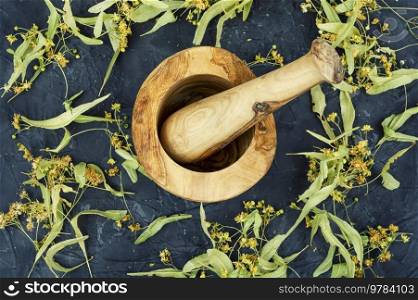 Healing inflorescences of linden or tilia, herbal medicine, medicinal plants.. Dried linden blossoms, herbal medicine