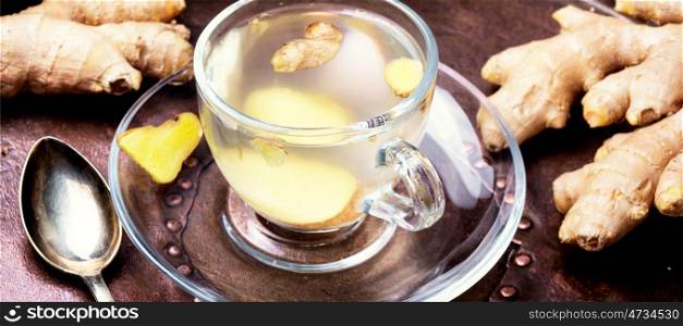 Healing tea from ginger root. Medicinal tea made from ginger root.Healthy drink