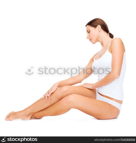 health and beauty concept - beautiful woman in white cotton underwear