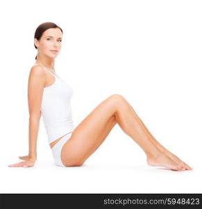 health and beauty concept - beautiful woman in white cotton underwear. beautiful woman in white cotton underwear