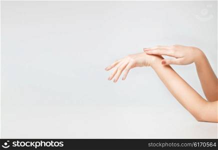health and beauty concept - close up of female soft skin hands. female soft skin hands