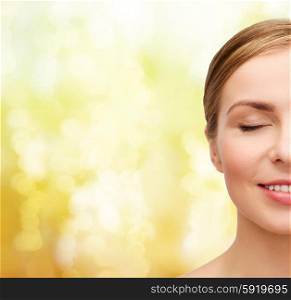 health and beauty concept - closeup of face of beautiful young woman with closed eyes. face of beautiful woman with closed eyes