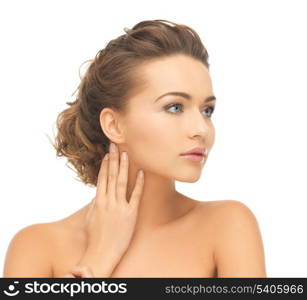 health and beauty concept - face and hands of beautiful woman with updo (can be used as a template for jewelry)