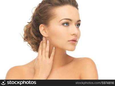 health and beauty concept - face and hands of beautiful woman with updo (can be used as a template for jewelry). beautiful woman with long hair