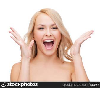 health and beauty concept - face and hands of happy woman with long hair