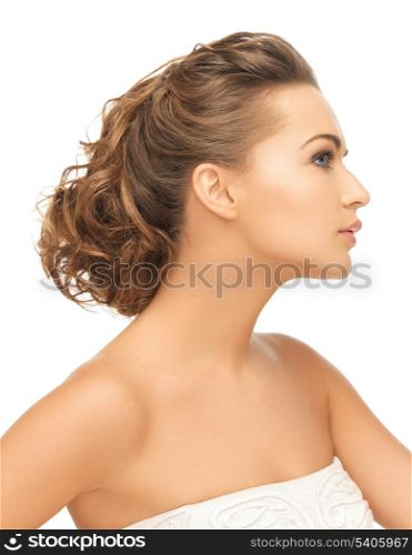 health and beauty concept - face of beautiful bride with evening updo (can be used as a template for jewelry)