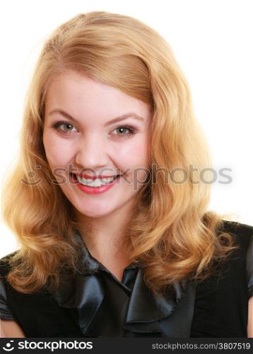 Health and beauty concept - face of beautiful happy woman with long blond hair