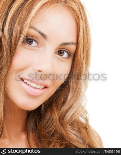 health and beauty concept - face of happy woman with long hair