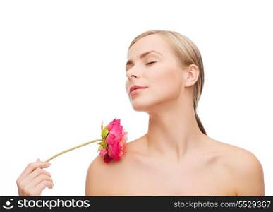 health and beauty concept - lovely woman with peony flower and closed eyes
