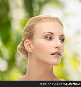 health and beauty, eco, bio, nature concept - face of beautiful woman with blonde hair