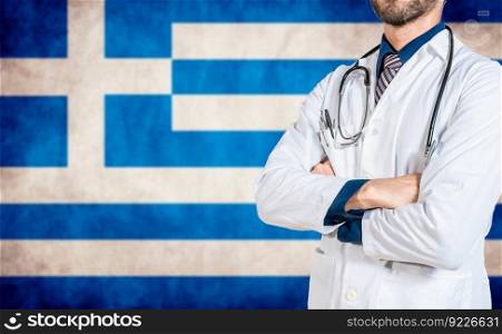 Health and care with flag of greece, Concept of national health of greece. Doctor with stethoscope over greece flag