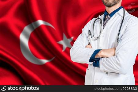 Health and care with the flag of Turkey. Turkish national health concept, Doctor with stethoscope on turkey flag