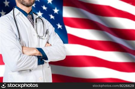 Health and care with the flag of United State. USA national health concept, Doctor with stethoscope on USA flag. Doctor arm holding stethoscope on USA flag