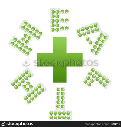 health and cross. letters from packs of tablet isolated on white