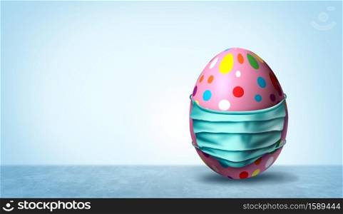 Health and Easter banner as a seasonal sign with a decorated egg wearing a medical face mask and surgical facial protection for disease protection as a 3D illustration render.