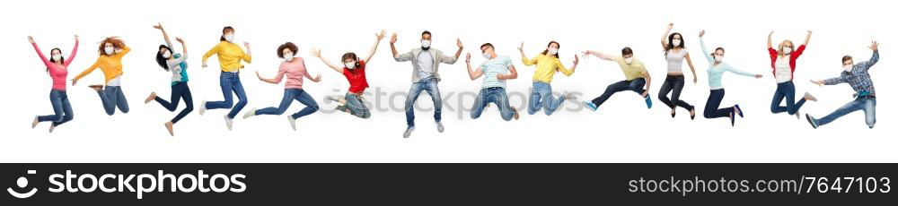 health and pandemic concept - people wearing face protective medical masks for protection from virus disease jumping in air over white background. people in face protective masks jumping in air