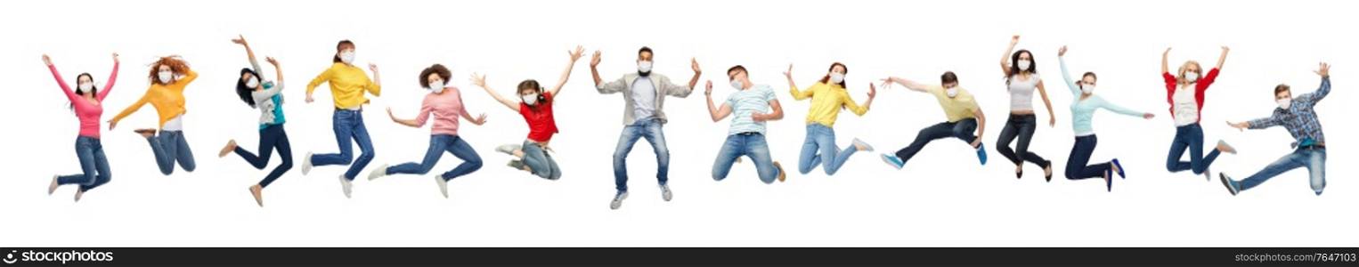 health and pandemic concept - people wearing face protective medical masks for protection from virus disease jumping in air over white background. people in face protective masks jumping in air