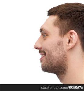 health, beauty and grooming concept - profile portrait of smiling young handsome man