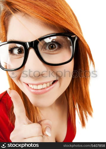 health, beauty, business concept - woman in glasses with finger up