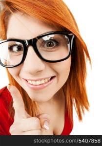 health, beauty, business concept - woman in glasses with finger up