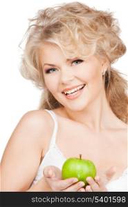 health, beauty, diet concept - smiling woman with green apple