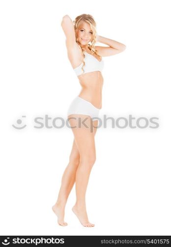 health, beautyand dieting concept - beautiful woman in white cotton underwear