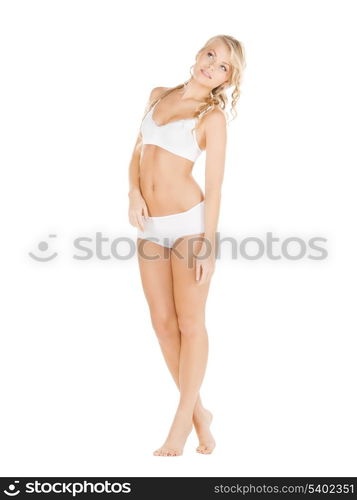 health, beautyand dieting concept - beautiful woman in white cotton underwear