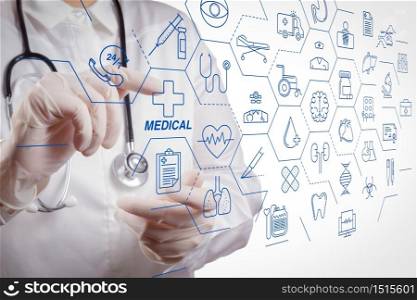Health care and medical services concept with flat line AR interface.smart medical doctor working with stethoscope