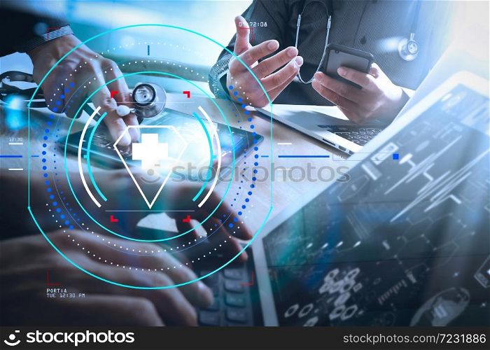Health care and medical services with circular AR diagram.Doctor hand working smart phone modern digital tablet laptop computer graphics chart interface
