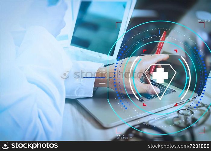 Health care and medical services with circular AR diagram.Health care and medical services with circular AR diagram.Doctor working with digital tablet and laptop computer with smart phone in medical workspace office and video conferance