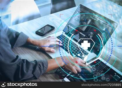 Health care and medical services with circular AR diagram.Doctor working with digital tablet and laptop computer with smart phone in medical workspace office and video conferrance as concept