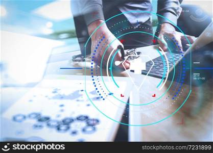 Health care and medical services with circular AR diagram.Doctor hand working with modern digital tablet dock screen computer with medical chart interface