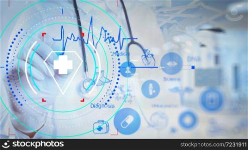 Health care and medical services with circular AR diagram.double exposure of Medicine doctor hand working with modern computer interface as medical concept