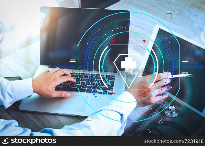 Health care and medical services with circular AR diagram.Medicine doctor hand working with modern digital tablet and laptop computer with smart phone as medical network concept