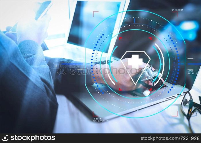 Health care and medical services with circular AR diagram.Medicine doctor hand working with modern digital tablet and laptop computer
